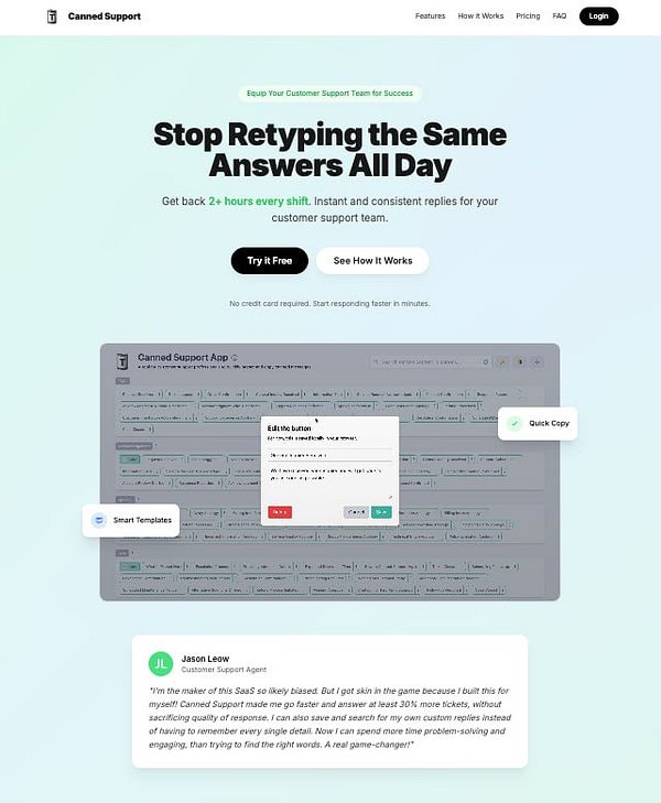 The image displays a promotional webpage for the Canned Support tool, featuring a testimonial and a user interface of the application.