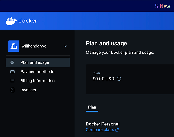The image displays the Docker account management interface focused on plan and usage details.
