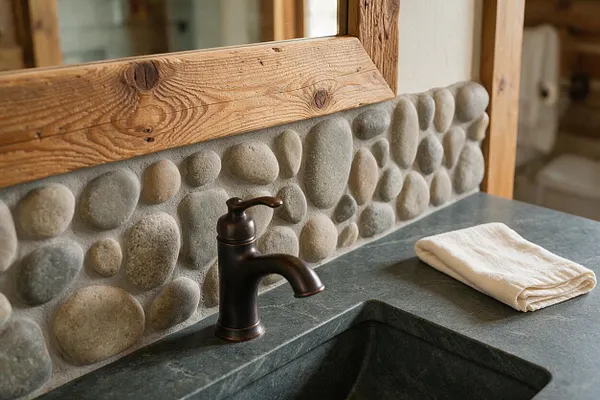A rustic bathroom vanity features a dark stone countertop with an integrated sink, a bronze faucet, and a folded white towel. Behind it, a wall of smooth rounded pebbles is framed by reclaimed wood, creating a natural, earthy look.