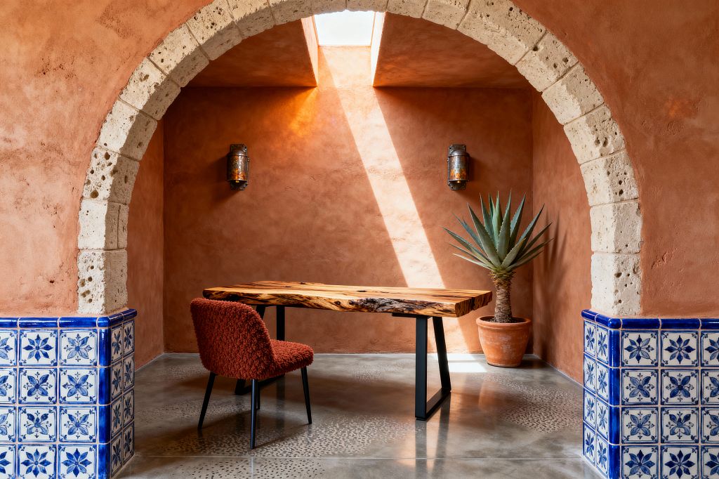A Southwestern-inspired home office sits within a terracotta plaster alcove framed by a pale stone arch and blue-and-white Talavera tile. A live-edge wood desk on black steel legs pairs with a rust boucle chair, while an agave in a terra-cotta pot and two hammered copper sconces flank the back wall; a skylight above sends a bright beam across the plaster and polished concrete floor, creating a warm, focused workspace.
