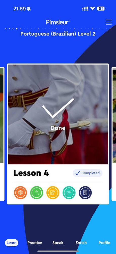 The image displays a mobile app interface for a Portuguese language learning program.