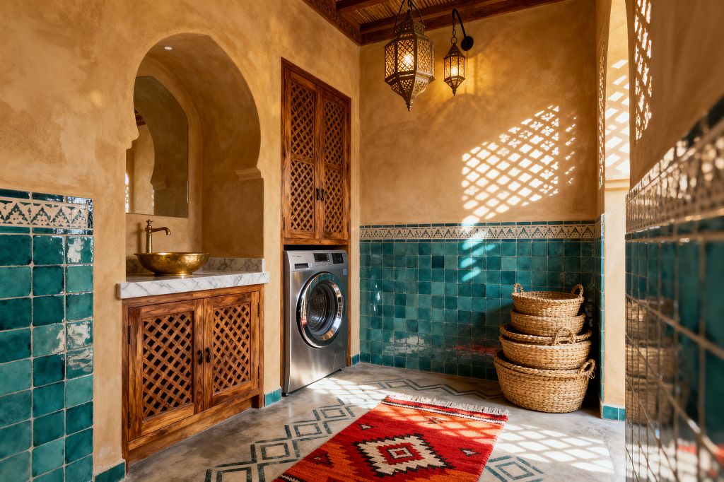 A Moroccan-style laundry room features glossy teal square tiles to mid-wall with a geometric border, sand-colored plaster walls, and wood lattice cabinets. An arched niche frames a brass vessel sink on a white marble countertop. A stainless front-loading washer sits beside storage, while two pierced metal lanterns hang from a wood-beamed ceiling, casting patterned light. A red geometric rug and stacked woven baskets sit on a smooth concrete floor.