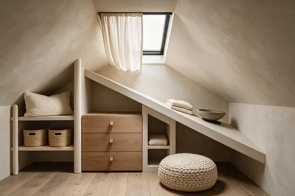 A small attic closet with sloped white walls, a skylight, and soft sheer curtains filtering daylight. Built-in shelving and drawers in light wood hold woven baskets, folded textiles, and a round knitted ottoman, creating a calm organic modern storage space.