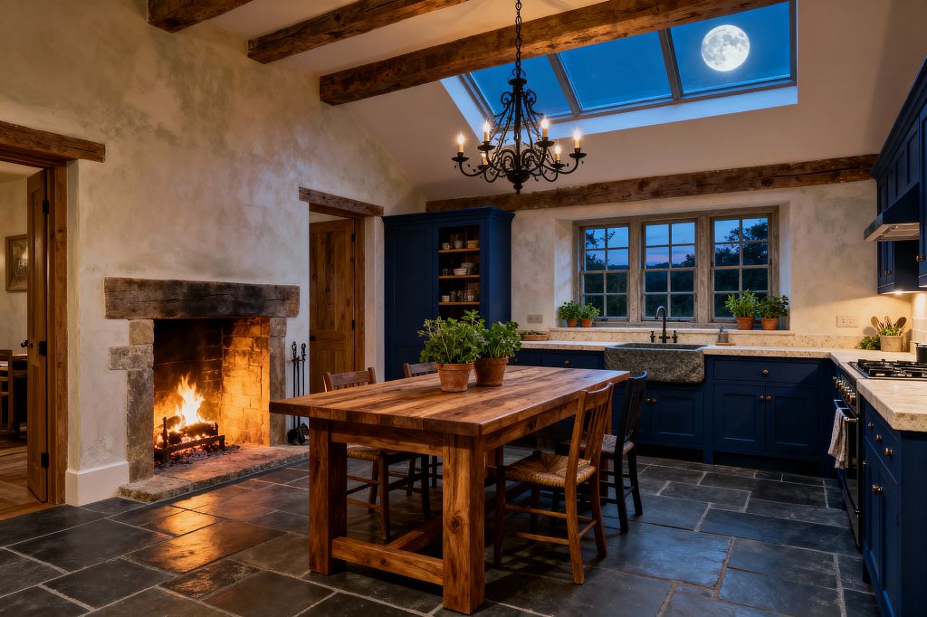 A warm rustic kitchen at night with a lit stone fireplace on the left, a thick-plank farmhouse table and mixed wooden chairs in the center, and navy Shaker cabinets with light stone counters. A dark stone apron-front sink sits below mullioned windows lined with potted herbs. Exposed timber beams and a wrought-iron chandelier hang above slate flagstone floors, while a large roof skylight reveals the moon.