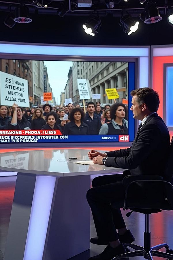 A news anchor discusses a protest while images of the demonstration are displayed on a screen behind him.