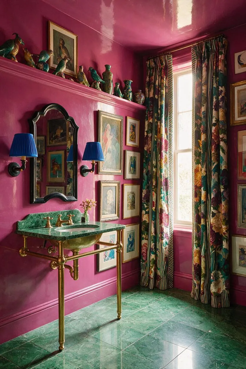 A bold powder room with glossy magenta walls and ceiling, an emerald green marble sink console, and brass plumbing. The space is filled with framed artwork, blue wall sconces, bird figurines on a shelf, and tall floral drapes beside a bright window, creating a layered maximalist look.