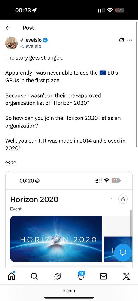 A Twitter post discussing the author's inability to access EU GPUs due to not being on a specific organization list.