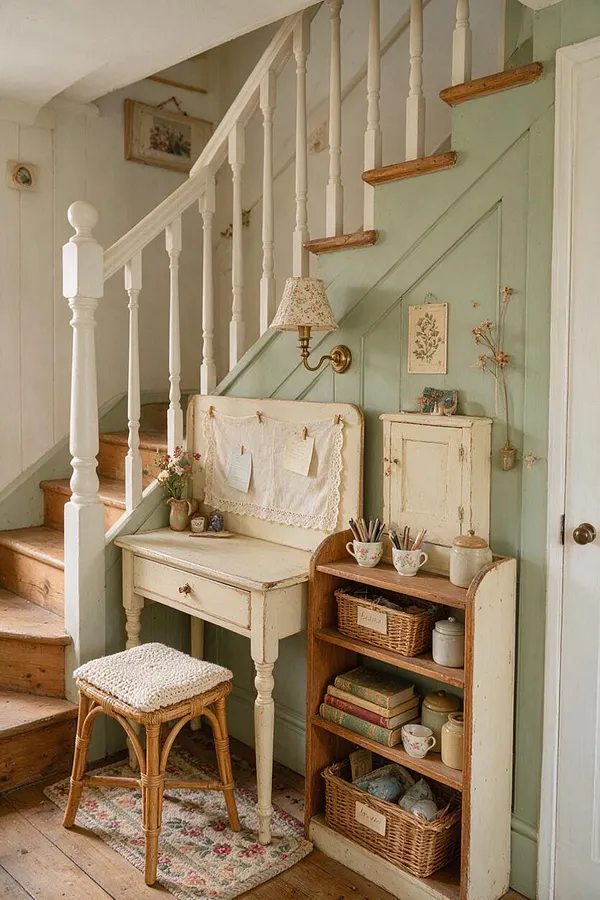 A cozy cottagecore home office tucked beneath a staircase, featuring a distressed cream writing desk, a wicker stool with a knitted cushion, and a small wooden bookcase with baskets, books, and cups. Pale green paneled walls, white staircase balusters, floral accents, and warm wood steps create a soft, nostalgic atmosphere.
