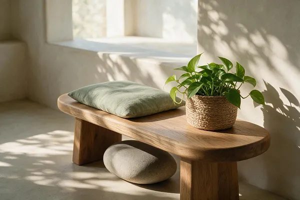 A small biophilic bench sits in a sunlit room with a rounded oak top, thick wooden legs, and a sage green cushion. A woven planter with a leafy green plant rests on one end, and a smooth stone is placed underneath, with soft plant shadows cast across the neutral walls and floor.