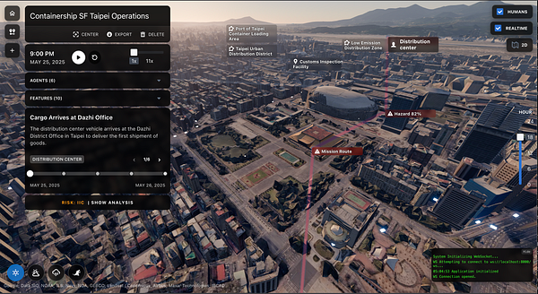 A detailed 3D map interface showing a route for cargo delivery in Taipei with various operational features and hazard indicators.