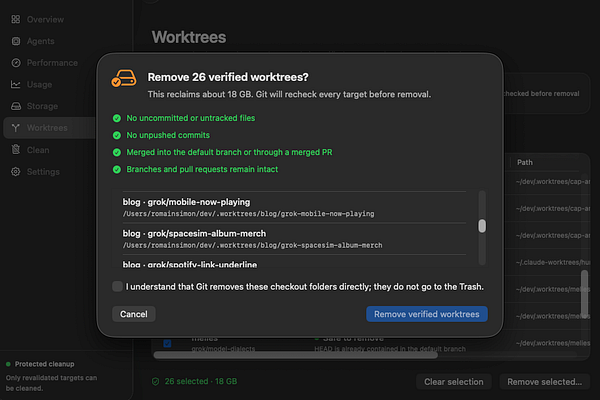 Screenshot of a desktop application interface titled 'git worktree cleanup tool' with an extensive list of Git branches and details.