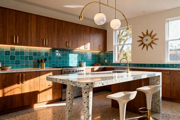 A Mid-Century Modern kitchen with warm walnut cabinets and brass pulls spans two walls around a stainless range and an undermount sink. Glossy teal square tiles create a continuous backsplash, illuminated by warm under-cabinet lighting. A terrazzo island with tapered legs and a waterfall end pairs with white tulip-style stools and a brass gooseneck faucet. Overhead, a brass light with two opal globes and a starburst clock accent soft cream walls and large windows.