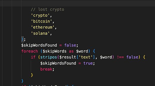 The image displays a snippet of code related to filtering specific cryptocurrency terms.
