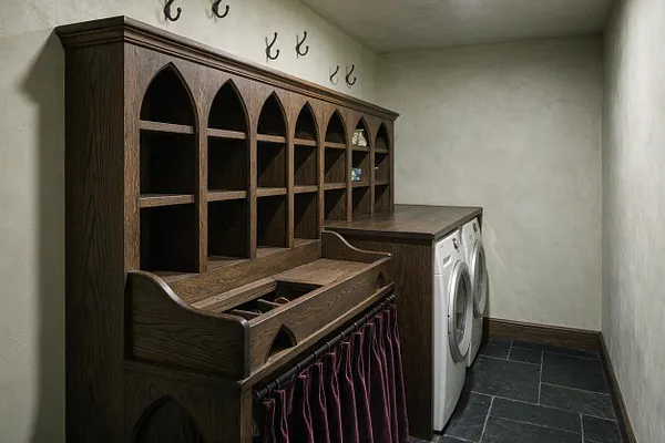 A narrow basement laundry room features a dark wood Gothic-style cabinet with pointed arch openings, open cubbies, and a pullout drawer. A pair of front-loading washer and dryer units sits beside the cabinetry, with slate tile flooring, light plaster walls, and small wall hooks above.
