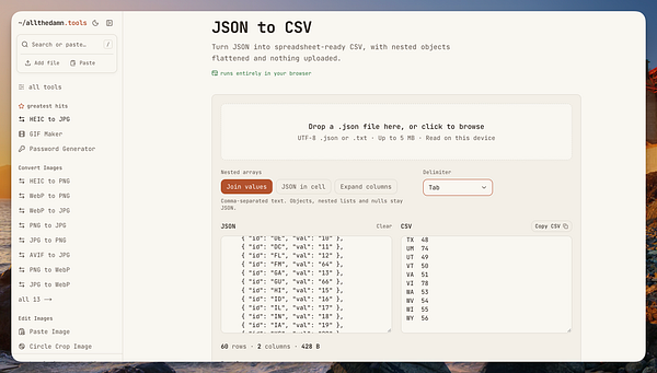 User interface of a JSON to CSV conversion tool that operates entirely in the browser, showcasing JSON input and CSV output sections.