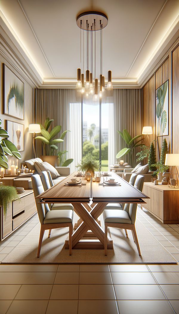 A cozy dining area featuring a handkerchief table, with one leaf extended and the other folded down, demonstrating its space-saving functionality. The room is styled with a mix of modern and traditional elements.