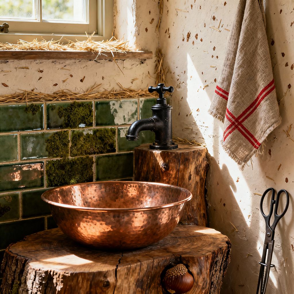 A close-up rustic laundry sink vignette shows a hammered copper bowl resting on a cut tree-stump counter, with a matte black vintage faucet mounted on a second stump. A green glazed subway-tile backsplash includes mossy patches, set against rough off-white plaster walls with visible straw. Sunlight from a small window with a natural ledge illuminates a red-striped linen towel and metal scissors leaning nearby.
