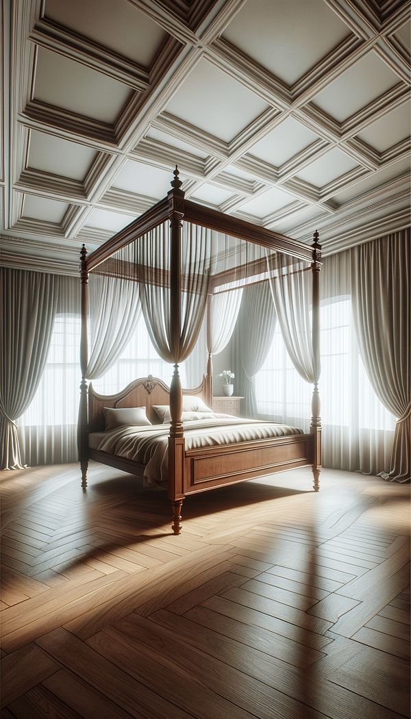 A grand, wooden four poster bed in a spacious, well-lit bedroom with high ceilings, adorned with sheer drapes hanging from the posts.