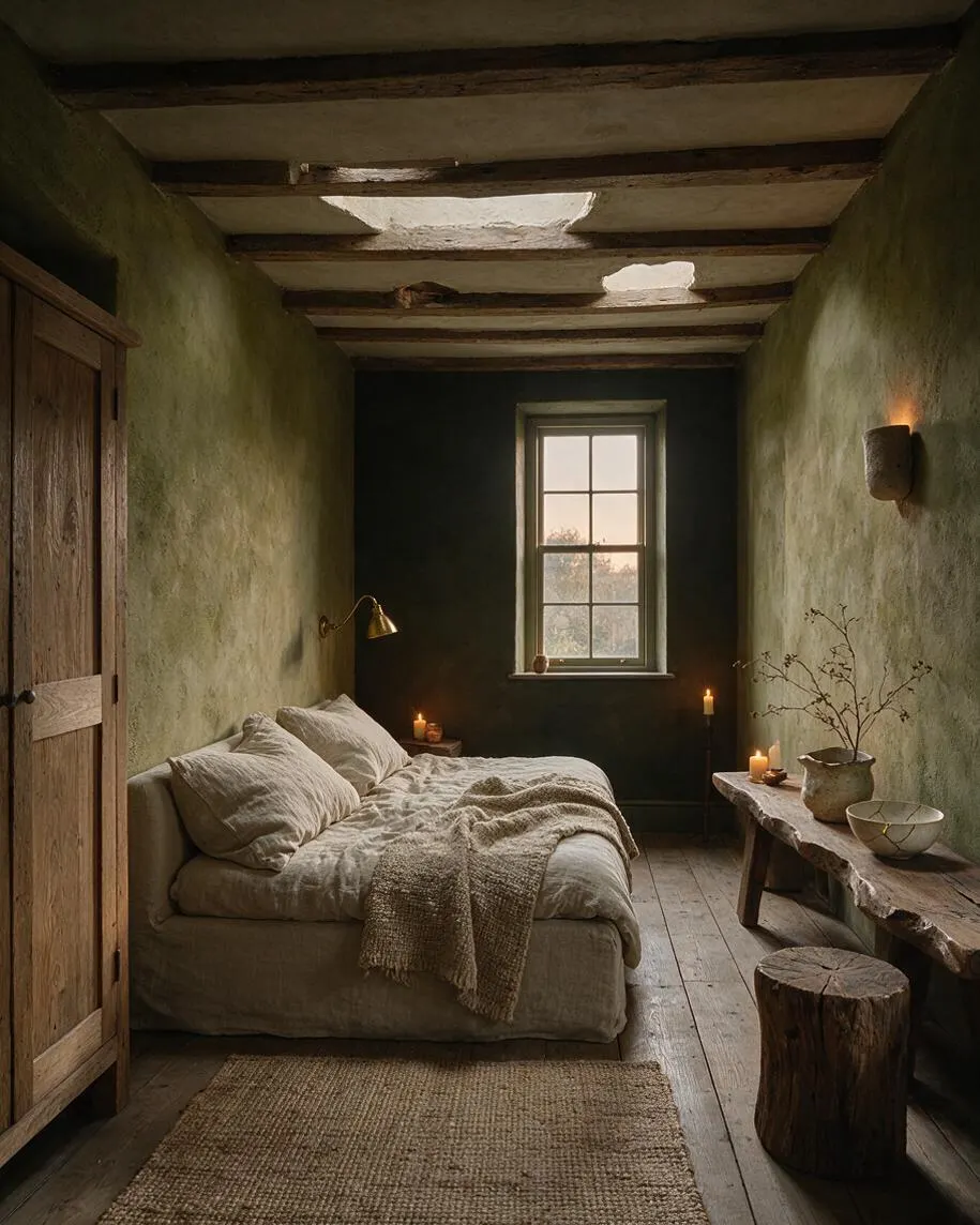A narrow master bedroom with moss-green plaster walls, a weathered wood ceiling with visible imperfections, and a simple linen bed dressed in soft neutral bedding. A rustic bench, candles, dried branches, and a wooden wardrobe add an organic, handcrafted Wabi-Sabi feel.