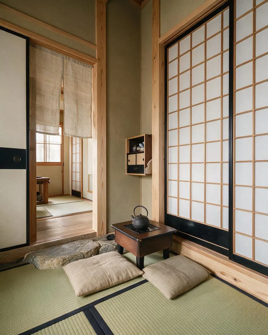 A calm Japanese Zen front porch with tatami mats, a small low wooden table holding a cast-iron kettle, and two beige floor cushions. Shoji-style sliding panels with white paper and light wood grids line the wall, while a fabric noren curtain frames the doorway and a natural stone threshold adds texture.