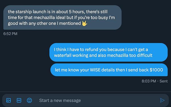 A conversation about a refund request due to project difficulties.