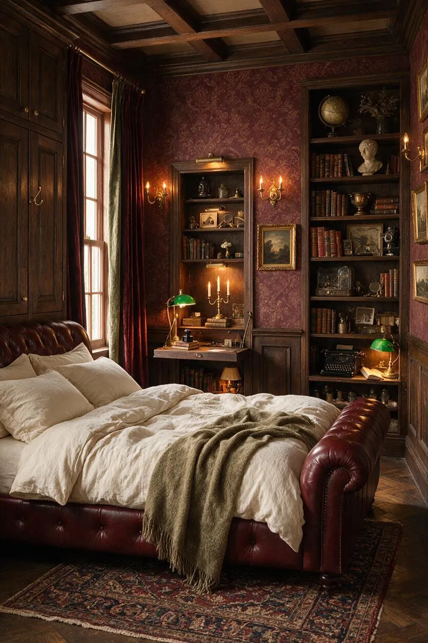 A dark academia master bedroom with a burgundy leather sleigh bed, cream bedding, and a textured throw. The room features deep red patterned wallpaper, dark wood built-in bookshelves filled with books and decor, a tall window with heavy drapes, brass wall sconces, a green banker’s lamp, and a patterned rug on a wood floor.