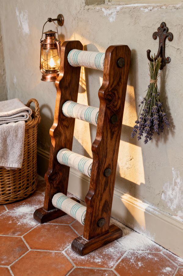 A small home gym corner in French Country style shows a compact wooden ladder-style workout tool with padded rungs wrapped in linen ticking stripes against a distressed plaster wall. A copper lantern sconce glows beside a wrought-iron hook holding dried lavender, and a woven basket of towels sits on terracotta hex tiles lightly dusted with chalk, creating a rustic yet refined atmosphere.