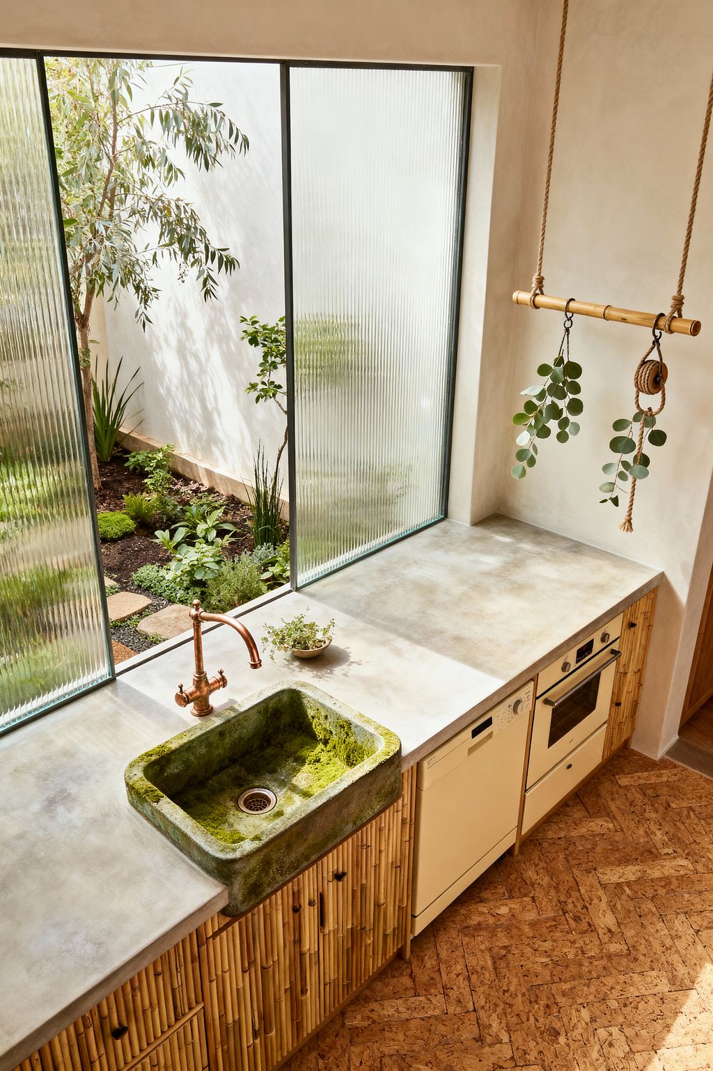 A sunlit laundry workspace with a long concrete countertop sits beneath full-height reeded-glass windows overlooking a small courtyard garden. A green stone sink with moss patina, copper faucet, bamboo-clad base cabinets, cream under-counter appliances, cork tile floor, and a rope-hung bamboo drying rail with greenery are framed by neutral plaster walls, creating a tactile, nature-led palette.