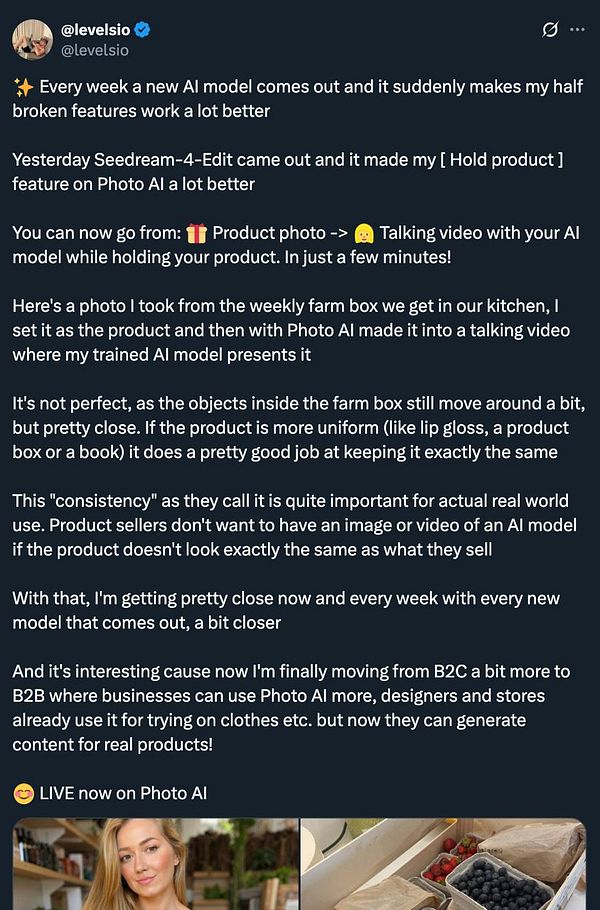 A person discusses the improvements in AI models for product presentation, showcasing a photo of a farm box and its contents.