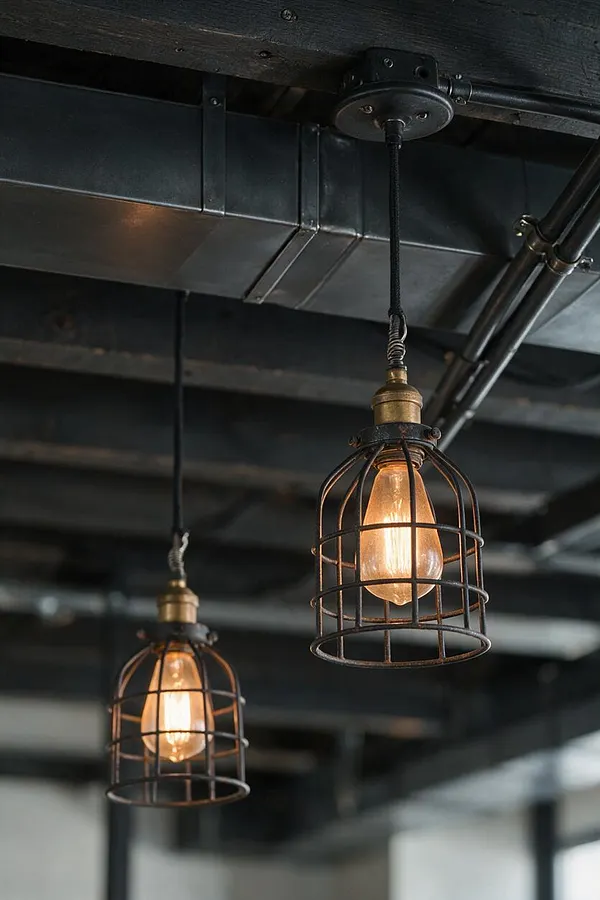 Two industrial pendant lights hang from a black ceiling with exposed ductwork and pipes. Each bulb is enclosed in a metal cage, and the warm Edison-style glow contrasts with the dark matte finishes.