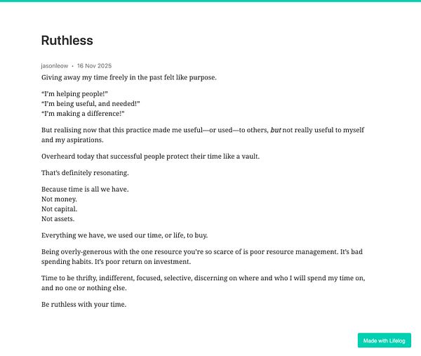 A reflective text post discussing the importance of managing time wisely.