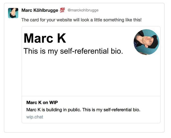 A social media post featuring a mockup of a website card for Marc K.