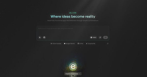 The image displays a user interface for an AI platform focused on building apps and websites through conversation.