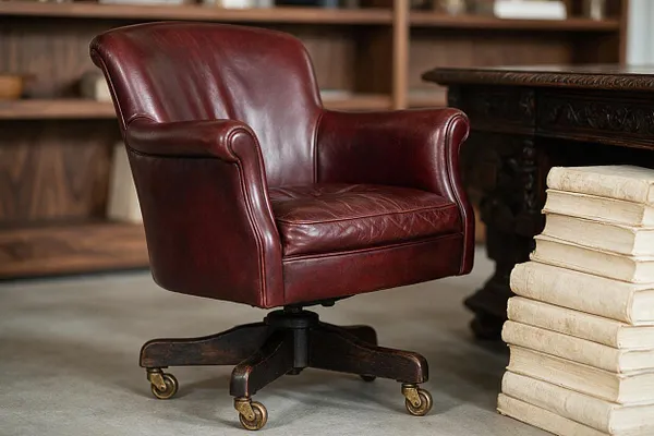 A burgundy leather club chair with rolled arms and a dark wood swivel base stands beside a carved wooden table. A stack of aged cream-colored books sits in the foreground, with blurred wooden shelving in the background.