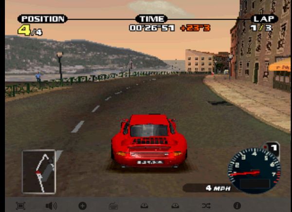 Screenshot of the 'Need For Speed: Porsche Unleashed' game title screen showing various menu options against a car-themed background.