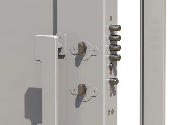The image features a custom solid steel door equipped with multiple locking mechanisms.