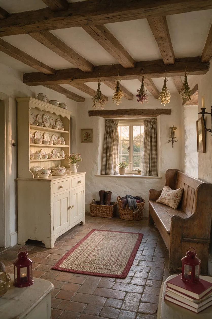 A cozy cottage-style entryway with white plaster walls, exposed wooden ceiling beams, and a rustic wood bench beneath a small curtained window. An old painted hutch displays floral china, while baskets, boots, dried flowers hanging from the beams, and a woven rug add a warm, lived-in feel.