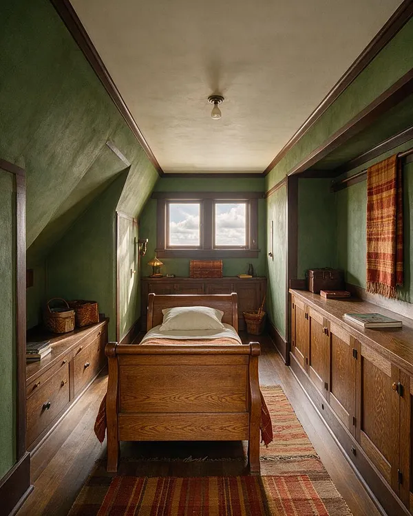 A narrow Craftsman-style guest bedroom with green plaster walls, dark wood trim, and a single wooden bed centered on a striped rug. Built-in wood cabinets line both sides of the room, and a small window at the far end brings in soft natural light.