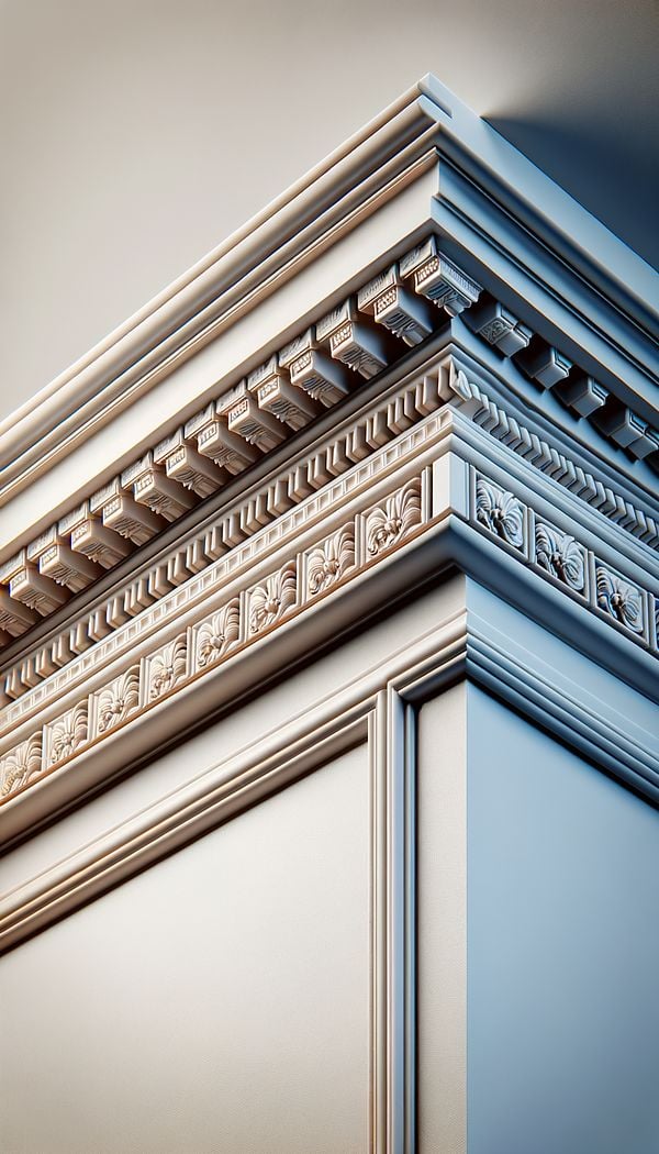 A close-up view of dentil molding running along the edge of a ceiling, showcasing the series of rectangular blocks.
