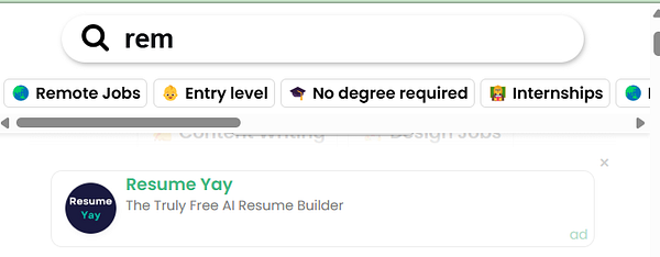 The image displays a job search interface with a focus on remote job listings and an advertisement for a resume builder.