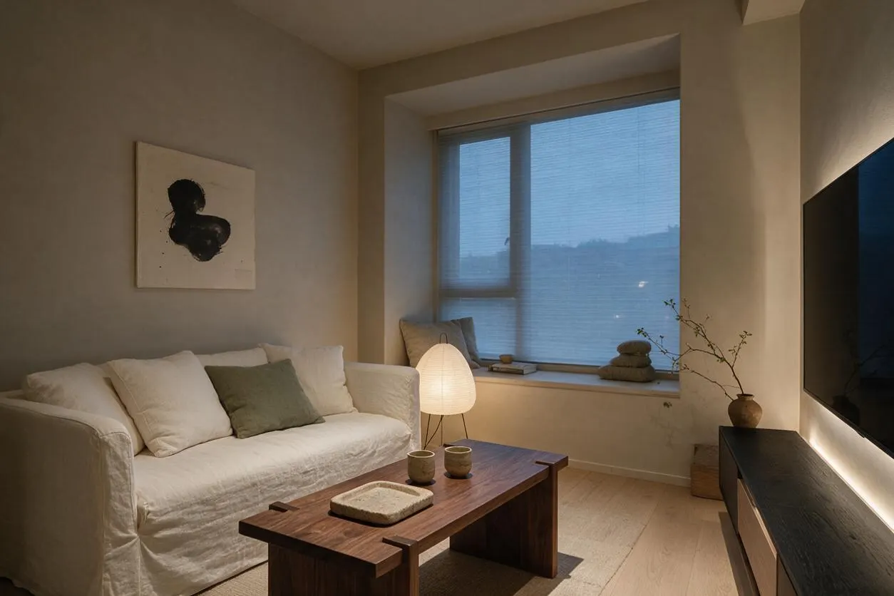 A calm Japandi-style media room with a white slipcovered sofa, muted green cushion, and a dark wood coffee table centered on a light rug. A glowing paper floor lamp sits by a large window with sheer blinds, while a low black media console and wall-mounted TV create a minimalist, cozy atmosphere.
