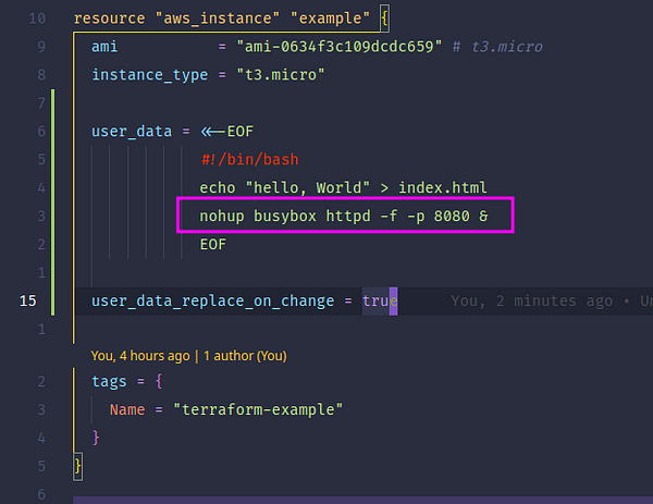 The image displays a code snippet for configuring an AWS instance using Terraform with a focus on using BusyBox HTTPD.