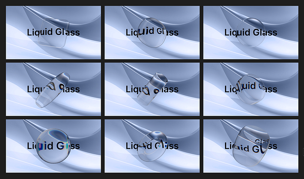 A grid of abstract geometric shapes with a 'Liquid Glass' overlay.