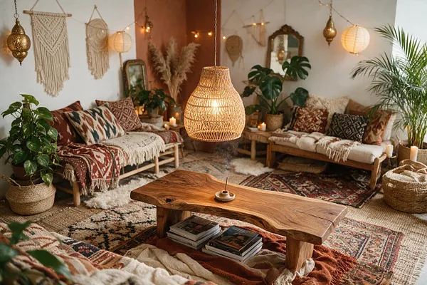 A cozy Bohemian living room with low wooden sofas layered in patterned cushions, fringe throws, and neutral textiles. A live-edge wooden coffee table sits on a richly patterned rug beneath a woven pendant lamp, with macramé wall hangings, potted plants, baskets, and warm ambient lighting throughout.