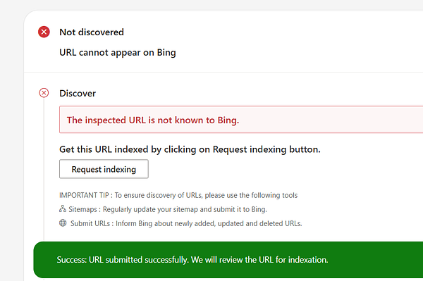 A screenshot of the Bing Webmaster Tools interface showing an article submission confirmation for the URL http://www.wipro.com.