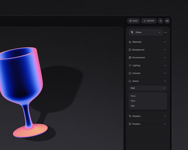 A 3D rendering of a glass object is displayed alongside a user interface for scene settings.