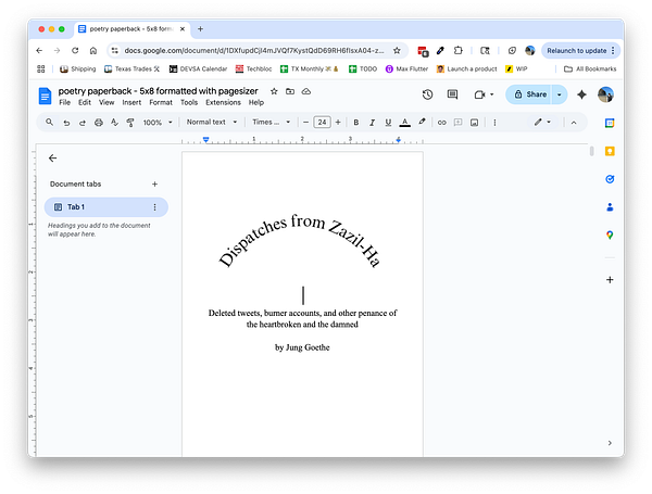 The image displays a Google Docs document titled 'Dispatches from Zazil-Ha' with formatted text and a sidebar for document tabs.