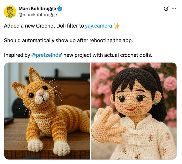 The image features two crochet dolls: a cat on the left and a girl on the right.
