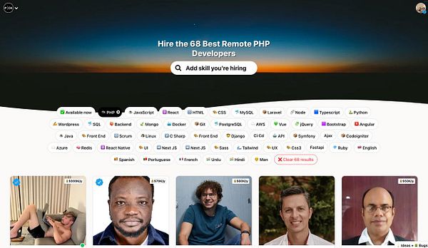 The image displays a webpage for hiring remote PHP developers, featuring a sunset background and a selection of candidate profiles.