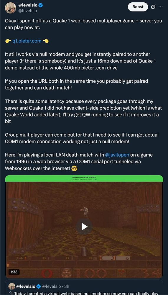 Screenshot of a web-based interface for launching multiplayer Quake 1 with interactive control elements and chat.